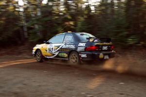 Pat Richard / Ben Bradley Subaru Impreza 2.5RS at speed near the finish of SS1, Herman.