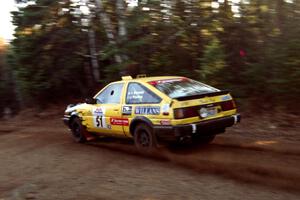 Jay Streets / Bill Feyling Toyota Corolla GT-S at speed near the finish of SS1, Herman.