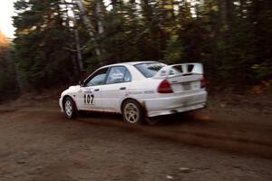 Tim Paterson / Scott Ferguson Mitsubishi Lancer Evo IV at speed near the finish of SS1, Herman.