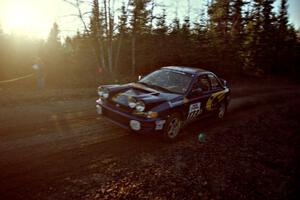 Patrick Lilly / Mark McAllister Subaru WRX at speed near the finish of SS1, Herman.