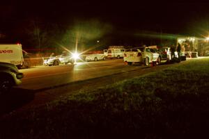 Libra Racing's Hyundai Tiburons on one side of the road with Vermont Sports Car's Mitsubishi Lancer Evos on the other.