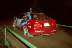 George Plsek / Alex Gelsomino Audi S2 Quattro at speed across the final bridge on SS10, Menge Creek.