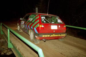 Brian Vinson / Richard Beels VW GTI at speed across the final bridge on SS10, Menge Creek.