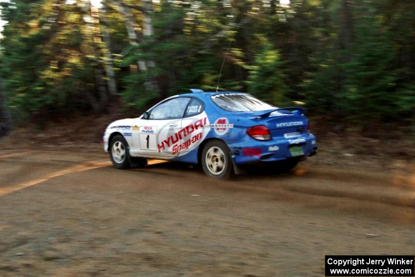 Noel Lawler / Charles Bradley Hyundai Tiburon at speed near the finish of SS1, Herman.