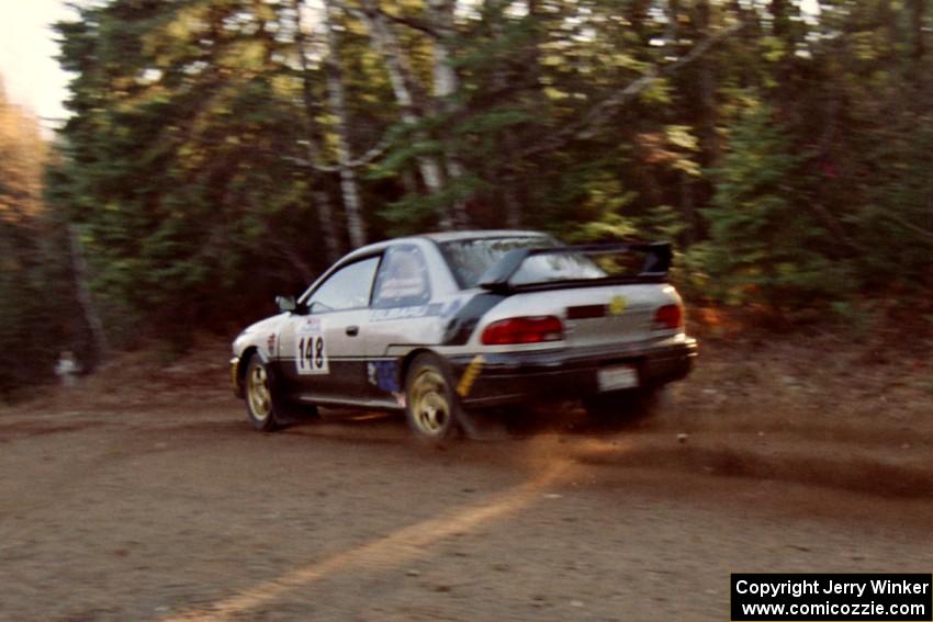 Lon Peterson / Bill Gutzmann Subaru Impreza 2.5RS at speed near the finish of SS1, Herman.