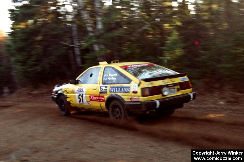 Jay Streets / Bill Feyling Toyota Corolla GT-S at speed near the finish of SS1, Herman.