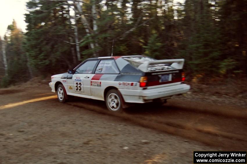 Jim Warren / Chuck Binder Audi Quattro Coupe at speed near the finish of SS1, Herman.