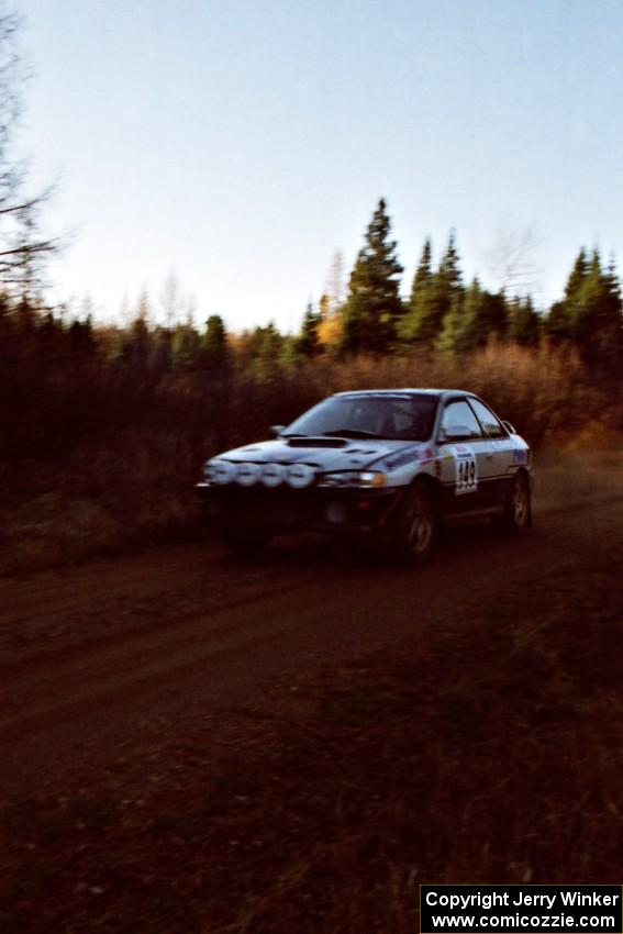 Jonathan Ryther / Janice Damitio Subaru Impreza 2.5RS at speed near the finish of SS1, Herman.