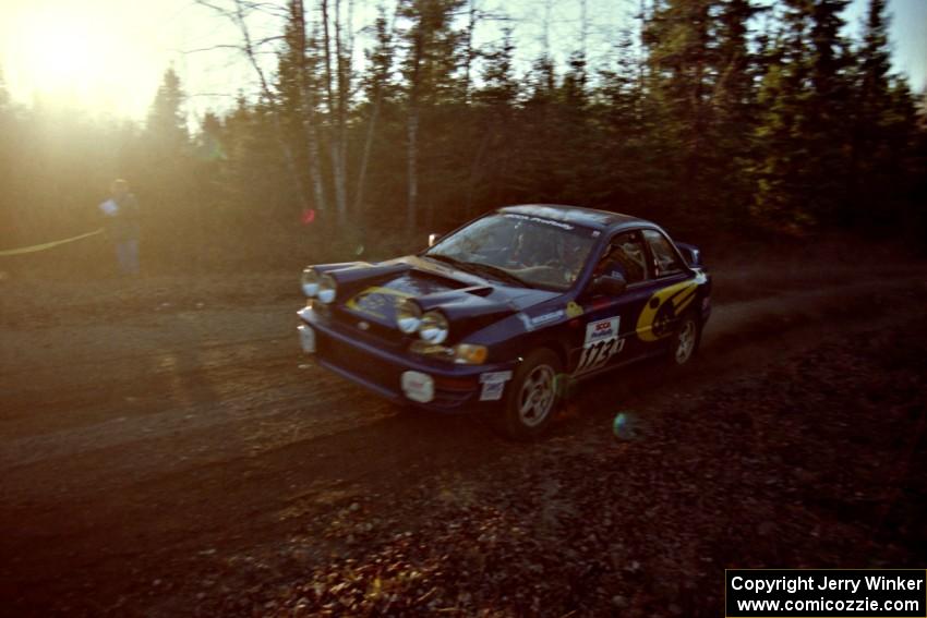 Patrick Lilly / Mark McAllister Subaru WRX at speed near the finish of SS1, Herman.