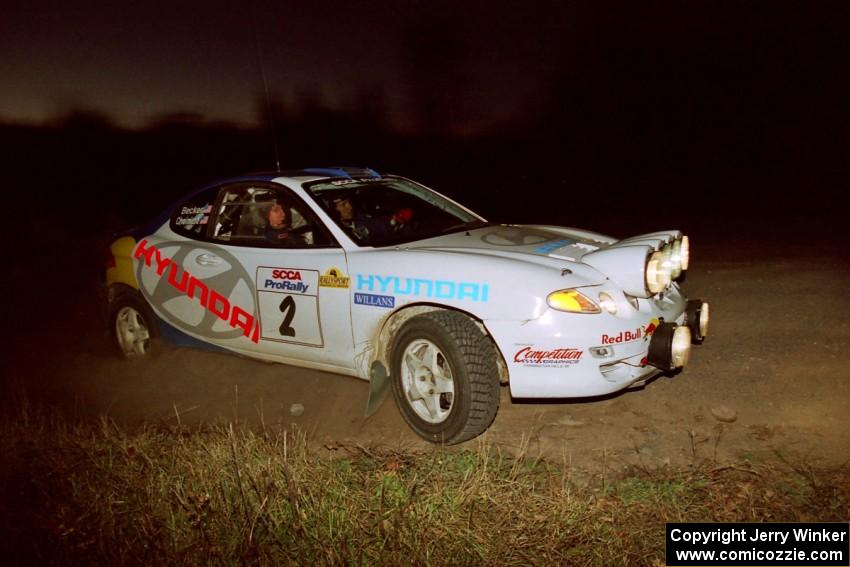 Paul Choiniere / Jeff Becker Hyundai Tiburon at the spectator corner on SS4, Far Point I.