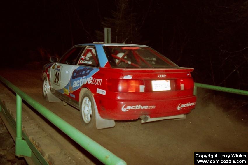 George Plsek / Alex Gelsomino Audi S2 Quattro at speed across the final bridge on SS10, Menge Creek.