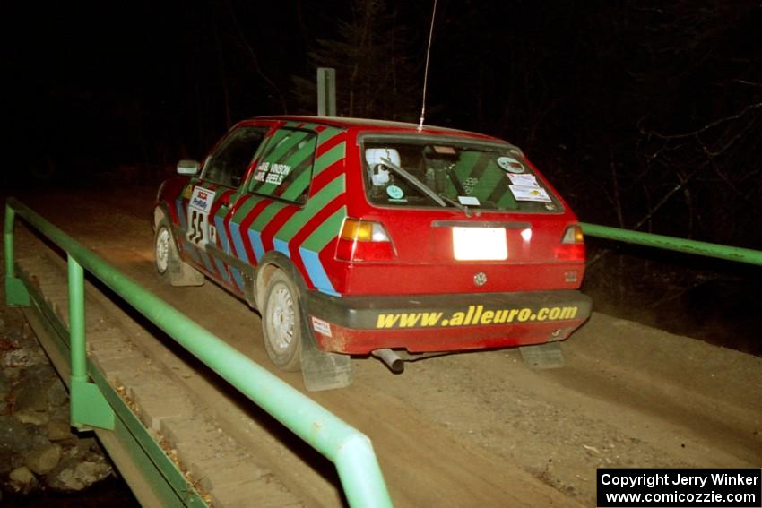 Brian Vinson / Richard Beels VW GTI at speed across the final bridge on SS10, Menge Creek.