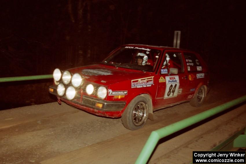 J.B. Niday / Al Kintigh VW GTI at speed across the final bridge on SS10, Menge Creek.