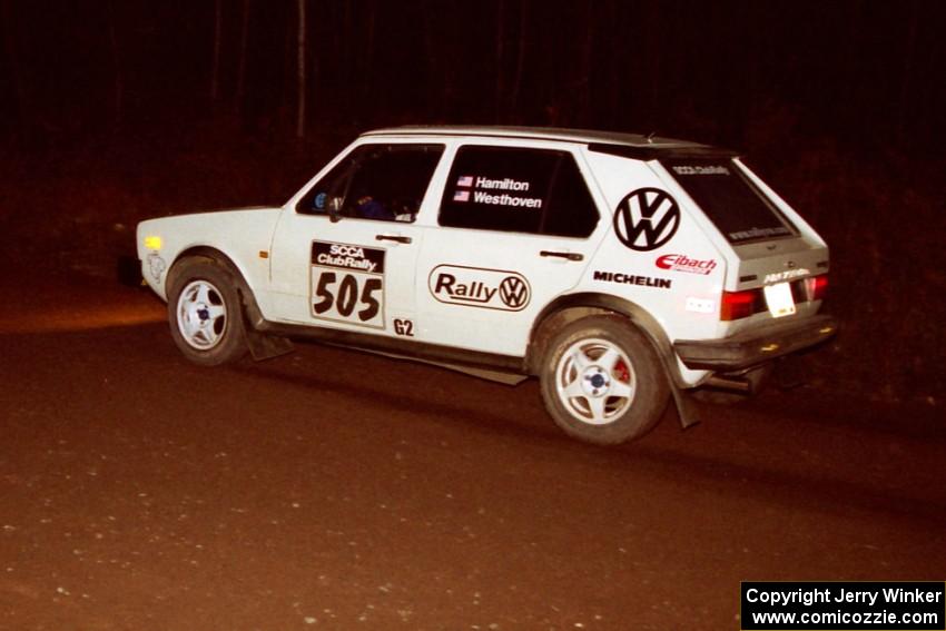 Jon Hamilton / Josh Westhoven VW Rabbit at speed near the end of SS10, Menge Creek.