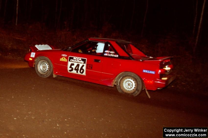 Phil Schmidt / Steve Irwin Toyota MR-2 at speed near the end of SS10, Menge Creek.