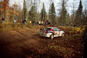 Garen Shrader / Michael Fennell Mitsubishi Lancer Evo IV at the final corner of SS11, Gratiot Lake I.