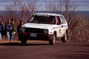 Bob Nielsen / Brett Corneliusen VW GTI at the final yump on SS13, Brockway Mountain.