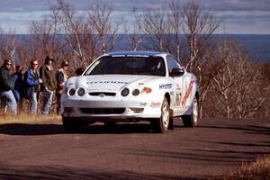 Perry King / Mark Williams Hyundai Tiburon at the final yump on SS13, Brockway Mountain.