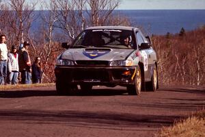 Lon Peterson / Bill Gutzmann Subaru Impreza 2.5RS at the final yump on SS13, Brockway Mountain.