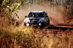 Karl Scheible / Russ Hughes Mitsubishi Lancer Evo V at speed near the end of SS17, Gratiot Lake II.