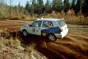 Brad Hawkins / Adrian Wintle VW GTI at speed near the end of SS17, Gratiot Lake II.