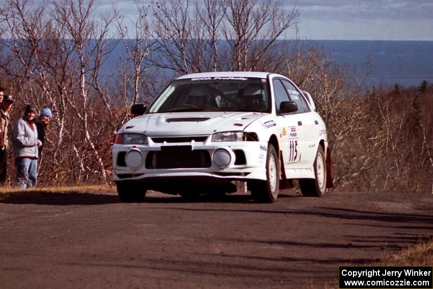 Seamus Burke / Frank Cunningham Mitsubishi Lancer Evo IV at the final yump on SS13, Brockway Mountain.