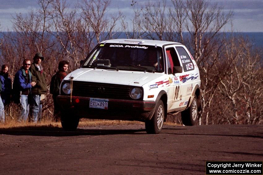 Bob Nielsen / Brett Corneliusen VW GTI at the final yump on SS13, Brockway Mountain.