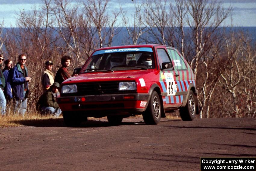 Brian Vinson / Richard Beels VW GTI at the final yump on SS13, Brockway Mountain.