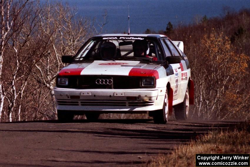 Jim Warren / Chuck Binder Audi Quattro Coupe at the final yump on SS13, Brockway Mountain.