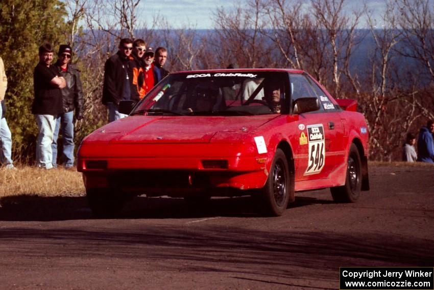 Steve Irwin / Phil Schmidt Toyota MR-2 at the final yump on SS13, Brockway Mountain.