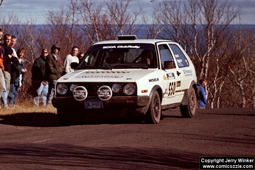 Aaron Hatz / Brendan Higgins VW GTI  at the final yump on SS13, Brockway Mountain.