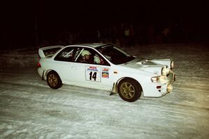 Mark Lovell / Steve Turvey Subaru WRX STi at the spectator corner on SS13, Meaford/DeCheau Lake.