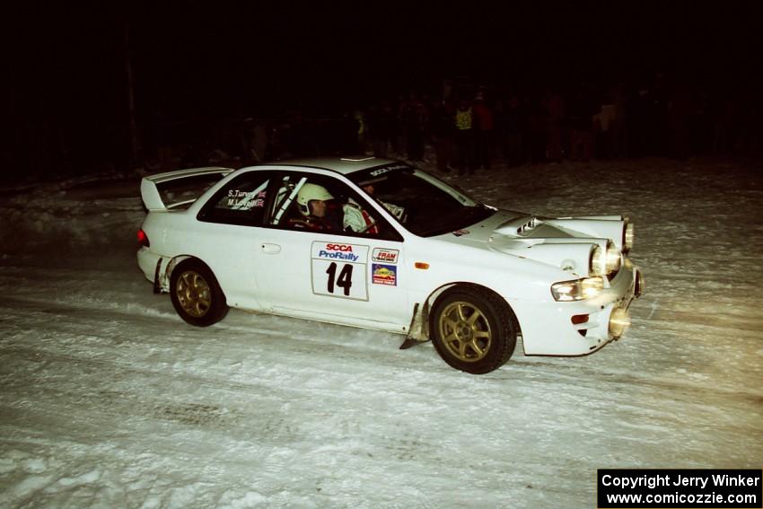 Mark Lovell / Steve Turvey Subaru WRX STi at the spectator corner on SS13, Meaford/DeCheau Lake.