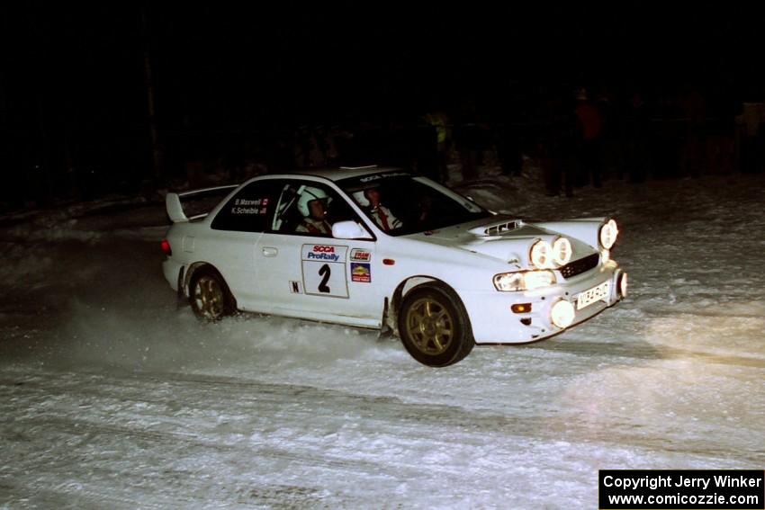 Karl Scheible / Brian Maxwell Subaru WRX STi at the spectator corner on SS13, Meaford/DeCheau Lake.