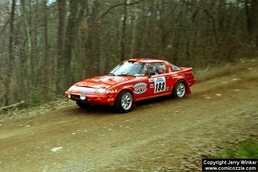 Andrew Havas / Rod Hendricksen Mazda RX-7 at speed on SS11, Clear Creek I.