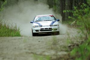 Chris Gilligan / Joe Petersen at speed in the Two Inlets State Forest in their Mitsubishi Eclipse GSX.