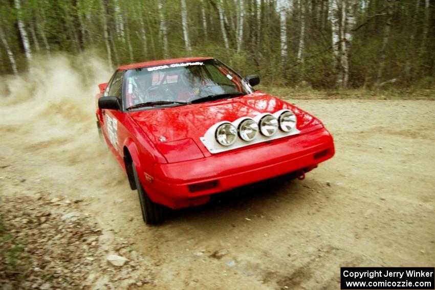 Phil Schmidt / Steve Irwin drift their Toyota MR2 through a 90-right on Indian Creek Rd., SS1.