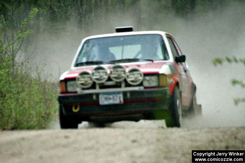 Jason Lajon / James Bialas at speed in the Two Inlets State Forest in their VW GTI.