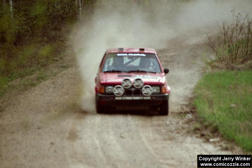 Gary Starr / Bill Tifft at speed in the Two Inlets State Forest in their Dodge Omni GLH Turbo.