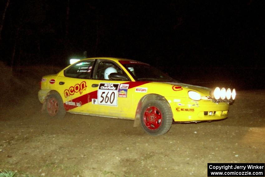 Dave Johnson / Shannon Johnson at speed at the crossroads in their Dodge Neon ACR on the final stage of the night.