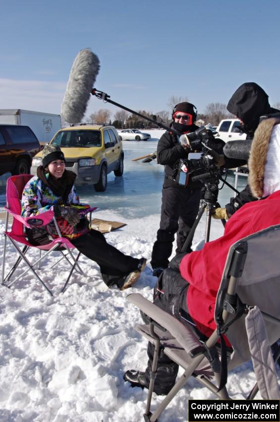 Morgan Johnson is interviewed by a camera crew