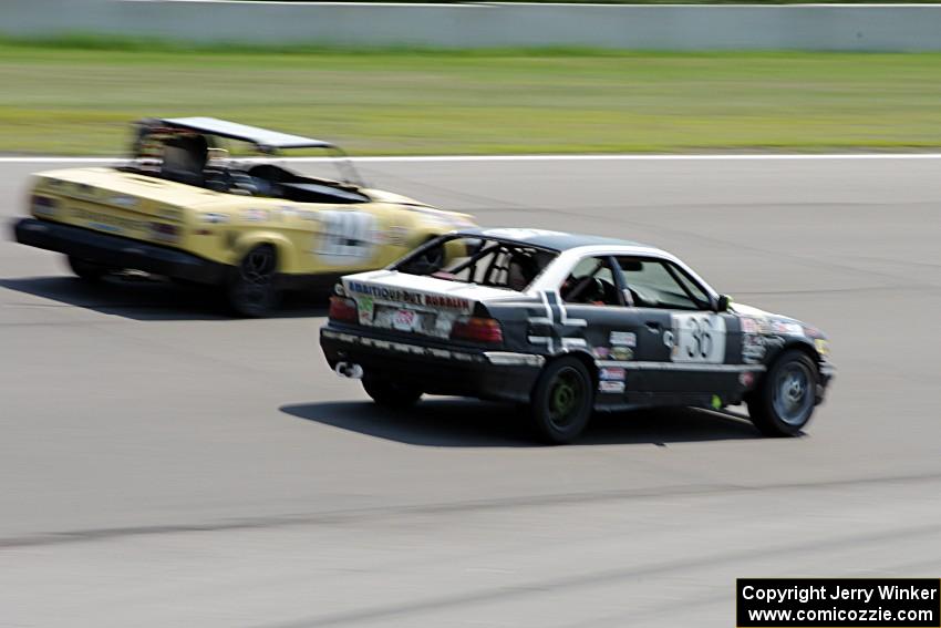 Ambitious But Rubbish Racing BMW 325 passes Rat Patrol Triumph TR-7