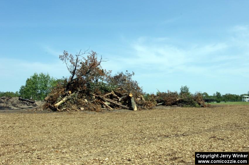 Downed trees ready for burning near the inside of turn 1.