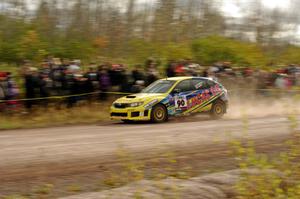 Lauchlin O'Sullivan / Scott Putnam Subaru WRX STi comes through the SS1 (Green Acres I) spectator area.