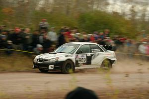 Brenten Kelly / Niall Burns Subaru WRX STi comes through the SS1 (Green Acres I) spectator area.