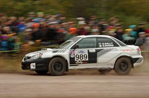 Brenten Kelly / Niall Burns Subaru WRX STi comes through the SS1 (Green Acres I) spectator area.