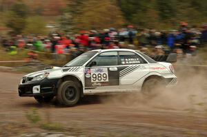 Brenten Kelly / Niall Burns Subaru WRX STi comes through the SS1 (Green Acres I) spectator area.