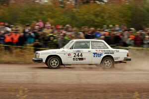 Ian Topping / Jimmy Brandt Volvo 242 comes through the SS1 (Green Acres I) spectator area.