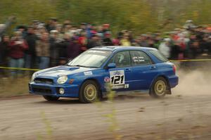 Nate Usher / Aaron Usher Subaru WRX Wagon comes through the SS1 (Green Acres I) spectator area.