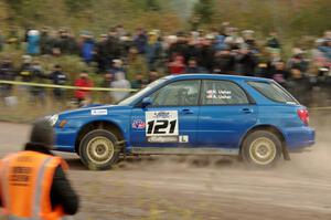 Nate Usher / Aaron Usher Subaru WRX Wagon comes through the SS1 (Green Acres I) spectator area.